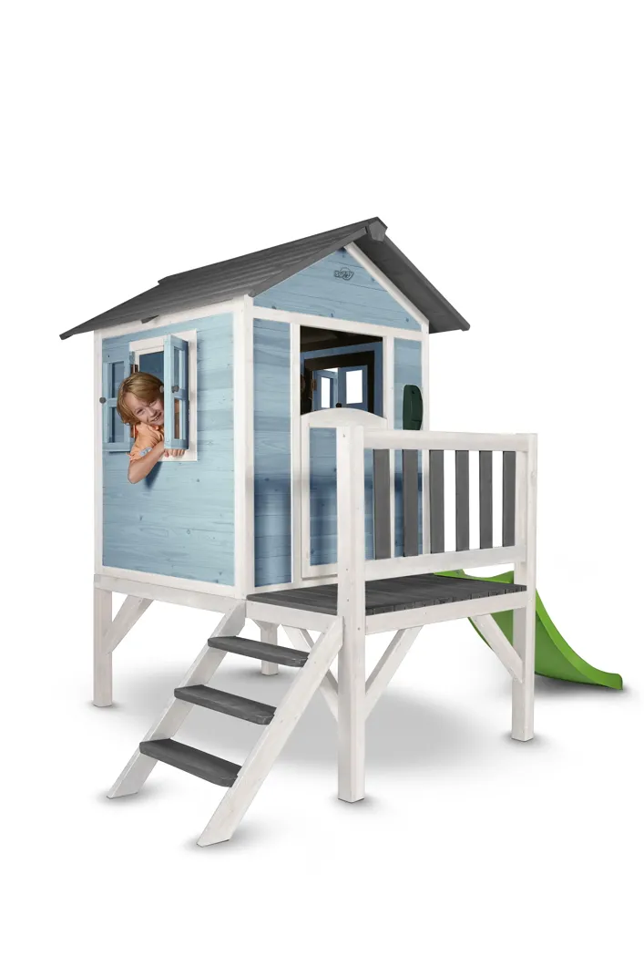 Kinder-Spielhaus BeachStyle Lodge XL blau Stelzenhaus Holz Rutsche, Terrasse